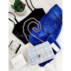 Urban Expressions Fashion Vegan Tweed Handbag Blue Gold Turn Twist Crossbody NEW